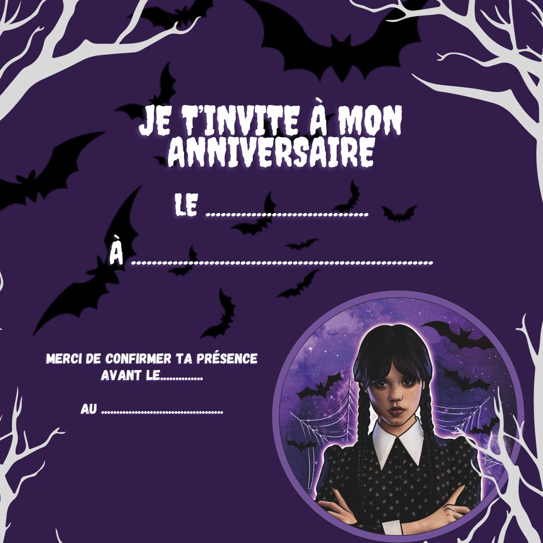 Carte d’invitation d’anniversaire mercredi Addams Carte d’invitation d’anniversaire mercredi Addams